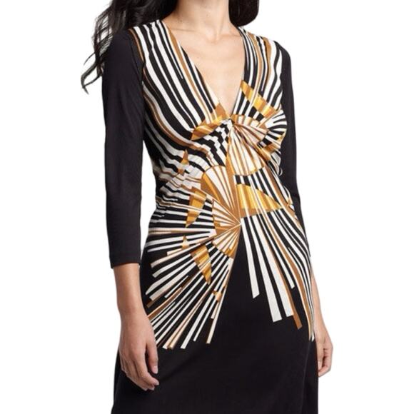 Diane Von Furstenberg 3/4 Sleeve Black Yellow Sunburst Silk Knee Length Dress 10 - Picture 2 of 9